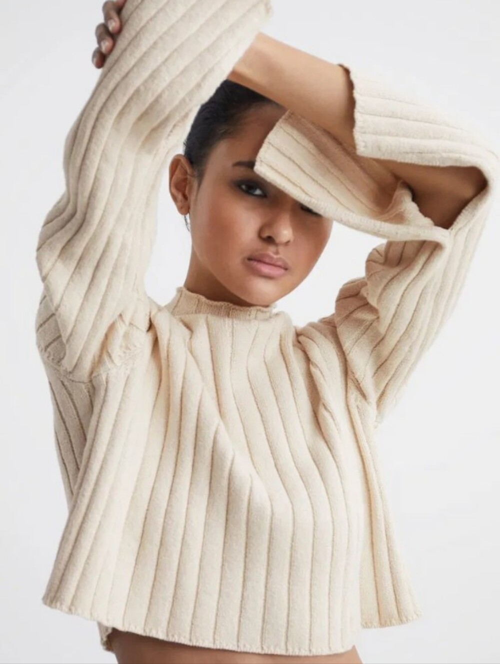 Reiss Cream Ribbed Mock Neck Sweater 100% Cotton Small